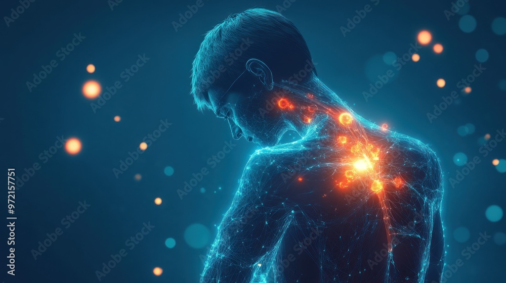 A digital representation of a human figure with glowing neural connections and energy points. A digital representation of a human figure with glowing neural connections and energy points.
