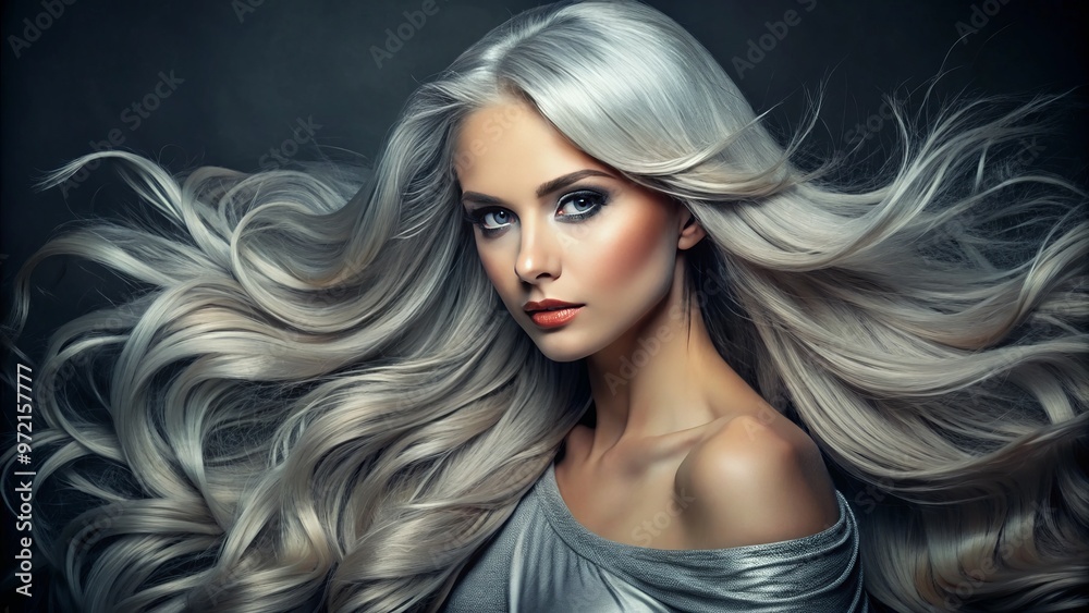 Luminous silver locks flow like a river of moonlight, framing her heart-shaped face and radiant eyes that sparkle Luminous silver locks flow like a river of moonlight, framing her heart-shaped face and radiant eyes that sparkle