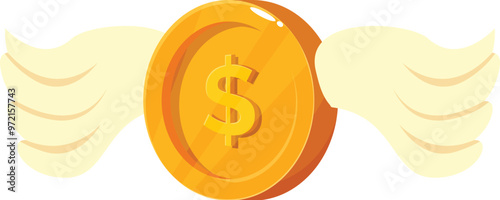 Gold coin with shiny wings is flying away, representing the concept of losing money