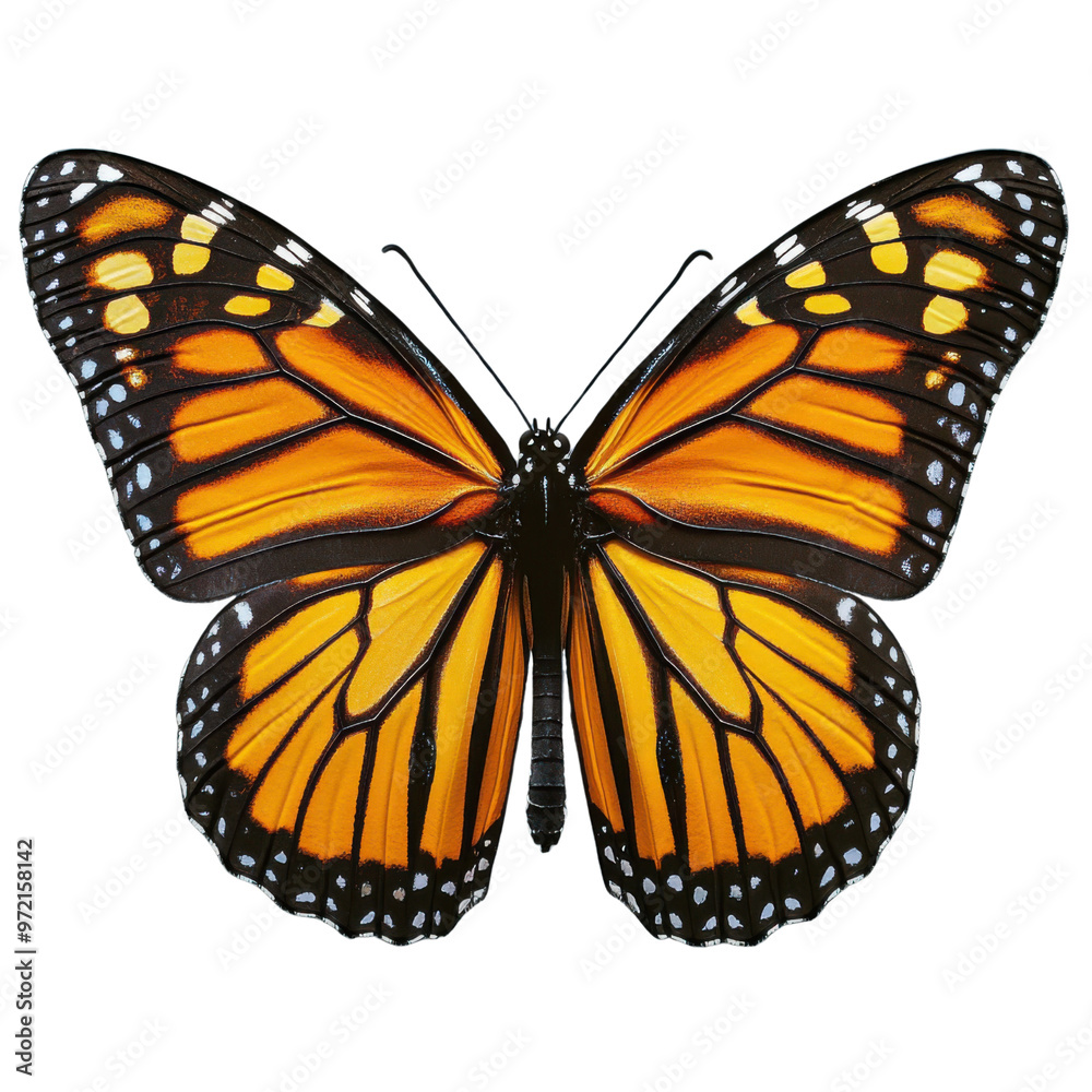 Fototapeta premium Monarch butterfly displaying vibrant orange and black wings in natural habitat during daylight