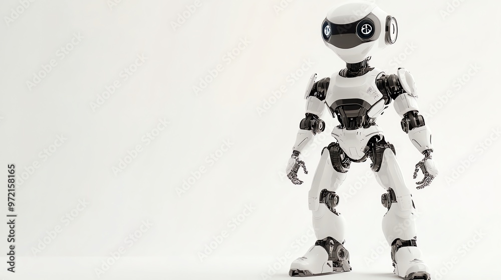 Fototapeta premium White robot with black accents stands on white background.