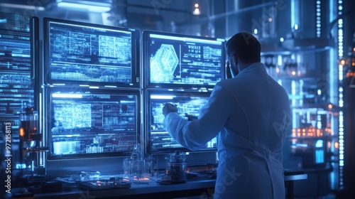 A scientist analyzes data on multiple screens in a high-tech laboratory environment.