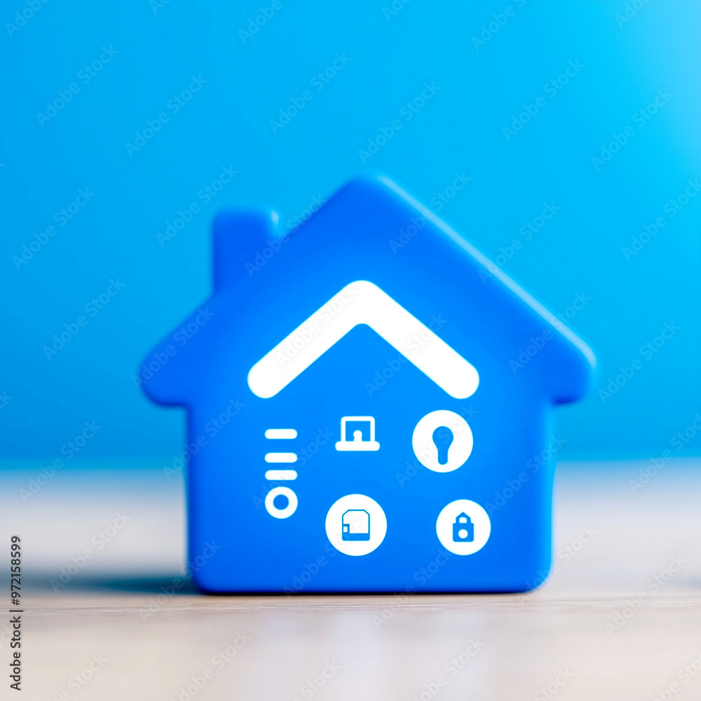 Fototapeta premium A blue house model with various smart home icons illuminated inside. 