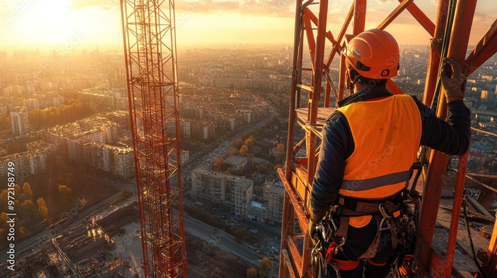 A construction worker surveys the cityscape from a high platform during sunset. A construction worker surveys the cityscape from a high platform during sunset.