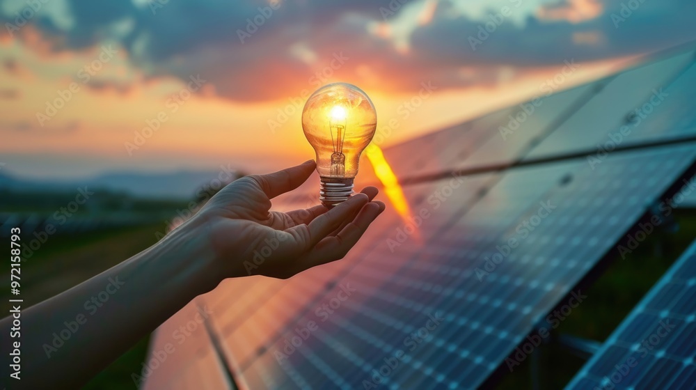 hand holding glowing light bulb with a house green power plant of solar panels on roof at background.