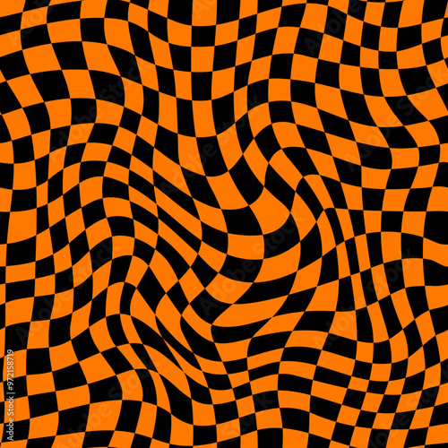 Halloween background or optical psychedelic wavy illusion seamless pattern, vector tile. Psychedelic hypnotic checkered pattern for Halloween holiday and trick or treat background with hypnosis warp