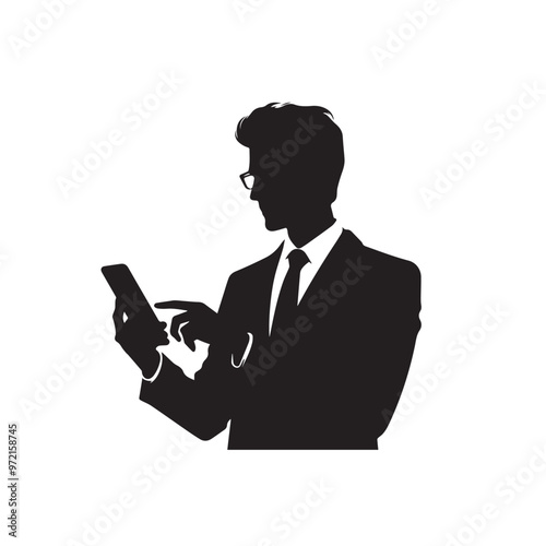 Man with cellphone silhouette. Businessman phone browsing vector design black and white.