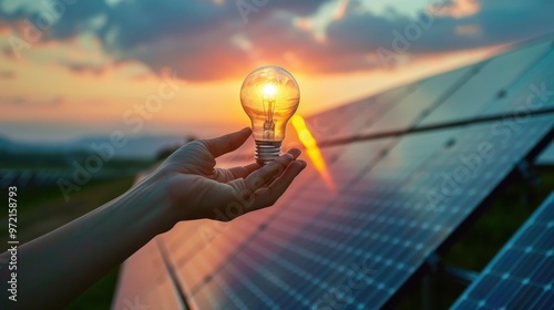Obraz na płótnie hand holding glowing light bulb with a house green power plant of solar panels on roof at background. w salonie