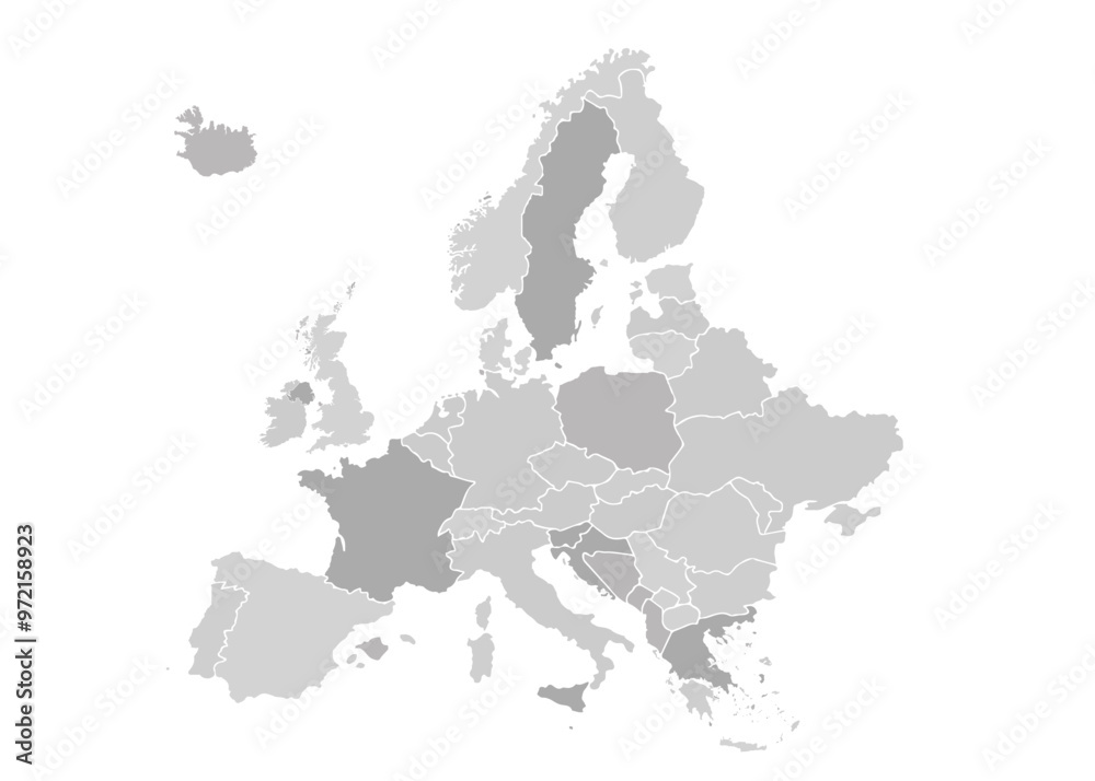 Obraz premium Europe map on white background. All countries in Europe different colors. Can use for printing, website, presentation element, textile. World map vector illustration, high-resolution, travel.