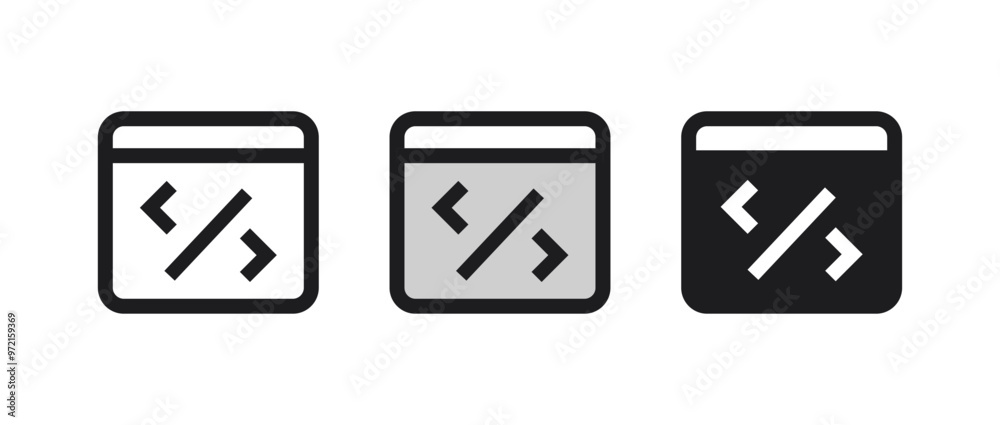 Code icon. Web development or programming symbol in three styles. Vector illustration.