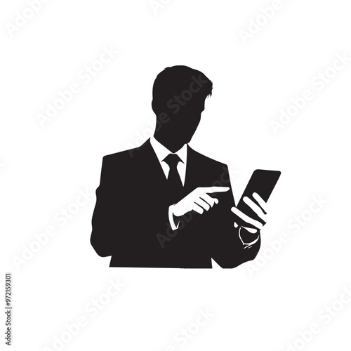 Man with cellphone silhouette. Businessman phone browsing vector design black and white.