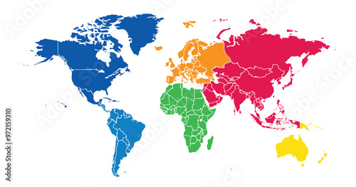 World map on white background. All countries in The World different colors. Can use for printing, website, presentation element, textile. World map vector illustration, high-resolution, travel.