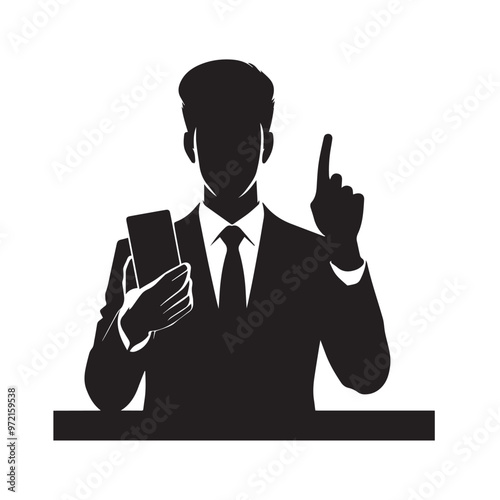 Man with cellphone silhouette. Businessman phone browsing vector design black and white.