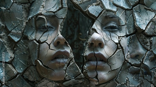 A shattered mirror reflecting distorted, grotesque faces, symbolizing broken trust