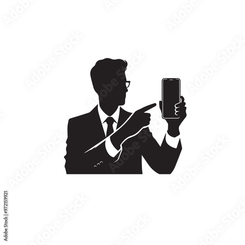 Man with cellphone silhouette. Businessman phone browsing vector design black and white.