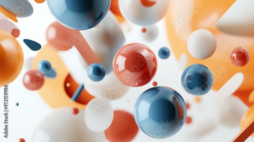 Abstract 3D render of colorful spheres and shapes floating in a white space.