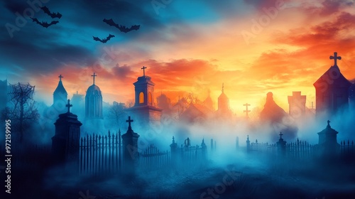 Wallpaper Mural A misty, eerie graveyard filled with weathered tombstones and crosses, shrouded in a haunting blue twilight, evoking a sense of mystery and solitude. Torontodigital.ca