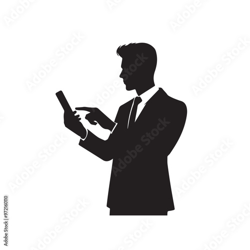 Man with cellphone silhouette. Businessman phone browsing vector design black and white.