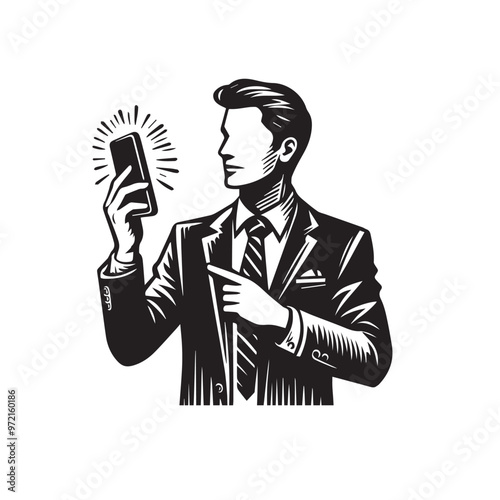Man with cellphone silhouette. Businessman phone browsing vector design black and white.