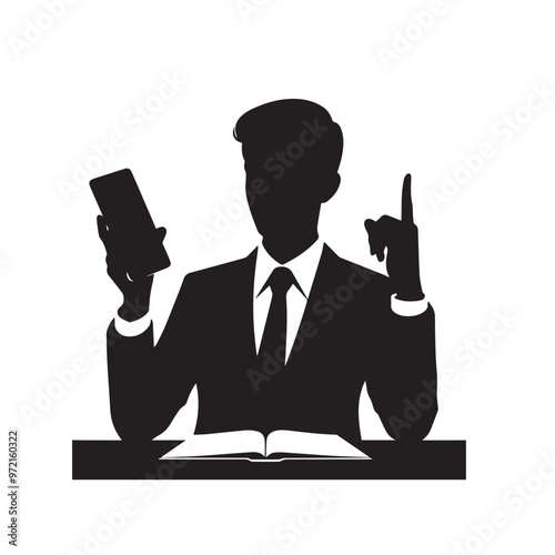 Man with cellphone silhouette. Businessman phone browsing vector design black and white.