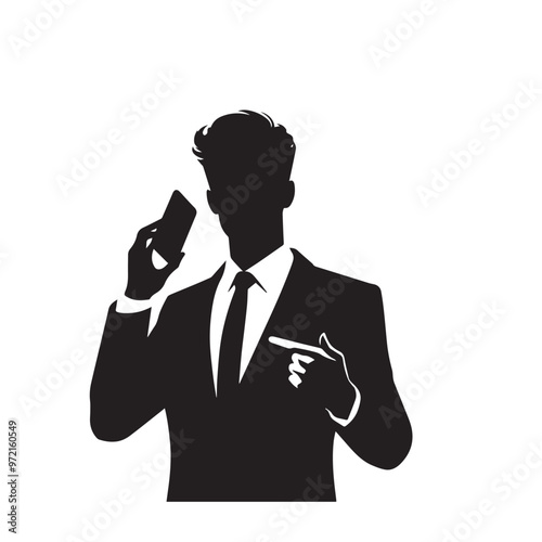 Man with cellphone silhouette. Businessman phone browsing vector design black and white.