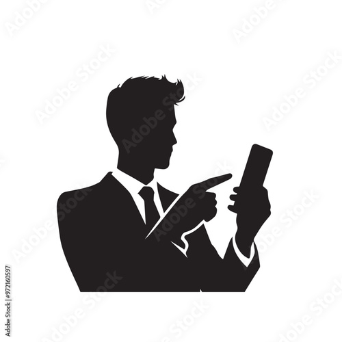 Man with cellphone silhouette. Businessman phone browsing vector design black and white.