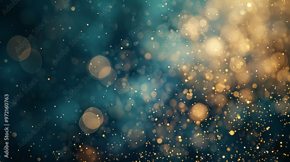 Naklejka premium Elegant abstract background with dark blue and gold particles, Christmas golden light bokeh on navy blue, gold foil texture for holiday themes