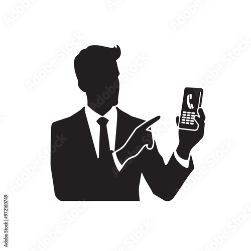 Man with cellphone silhouette. Businessman phone browsing vector design black and white.
