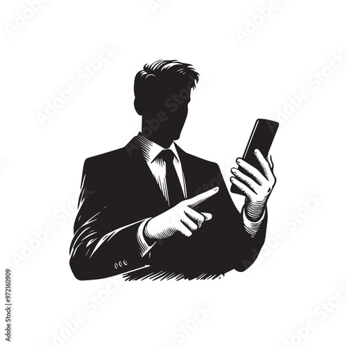 Man with cellphone silhouette. Businessman phone browsing vector design black and white.
