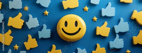 A smiley face emoji in the center of thumbs-up and star symbols, representing positive customer feedback and social media engagement.

