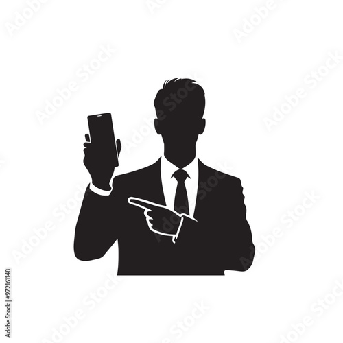 Man with cellphone silhouette. Businessman phone browsing vector design black and white.