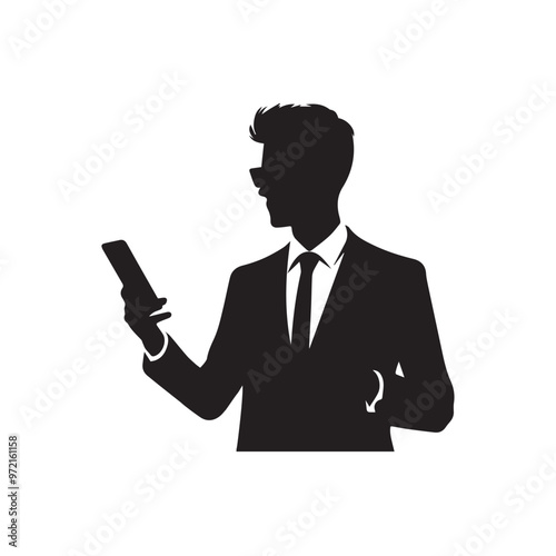 Man with cellphone silhouette. Businessman phone browsing vector design black and white.