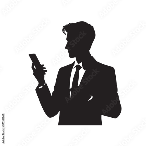 Man with cellphone silhouette. Businessman phone browsing vector design black and white.