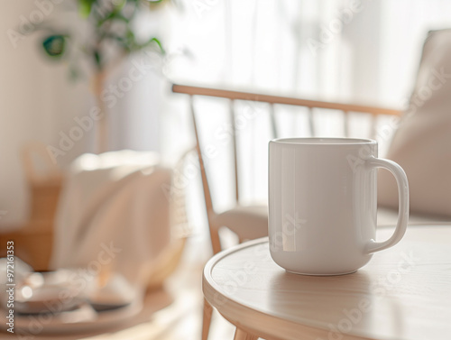 Wallpaper Mural white coffee mug sitting on a rustic wooden table in a cozy living room. The soft natural light streaming through the window Torontodigital.ca