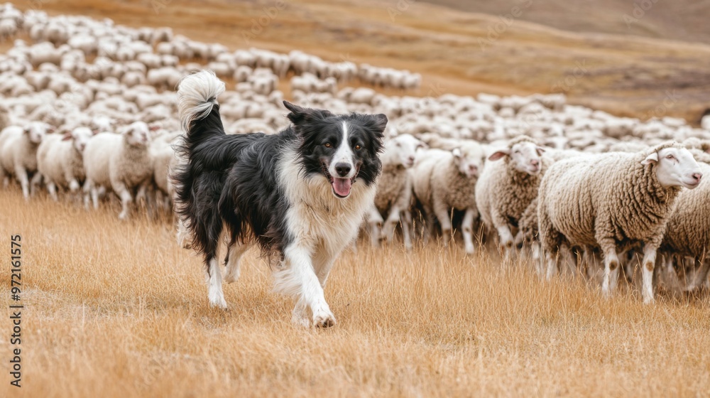 A black and white Border Collie herding a flock of sheep across a field.