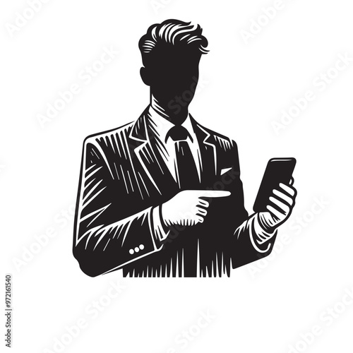 Man with cellphone silhouette. Businessman phone browsing vector design black and white.