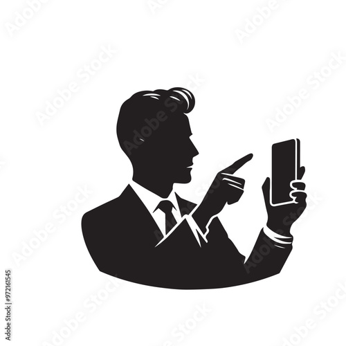 Man with cellphone silhouette. Businessman phone browsing vector design black and white.