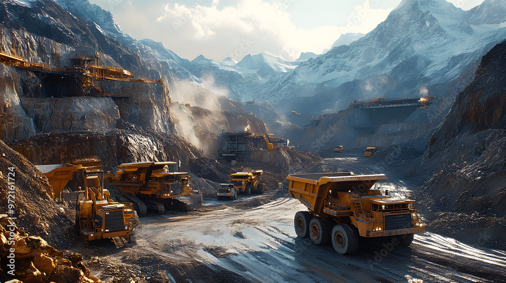 Heavy duty mining trucks operate in a mountain quarry. Heavy duty mining trucks operate in a mountain quarry.