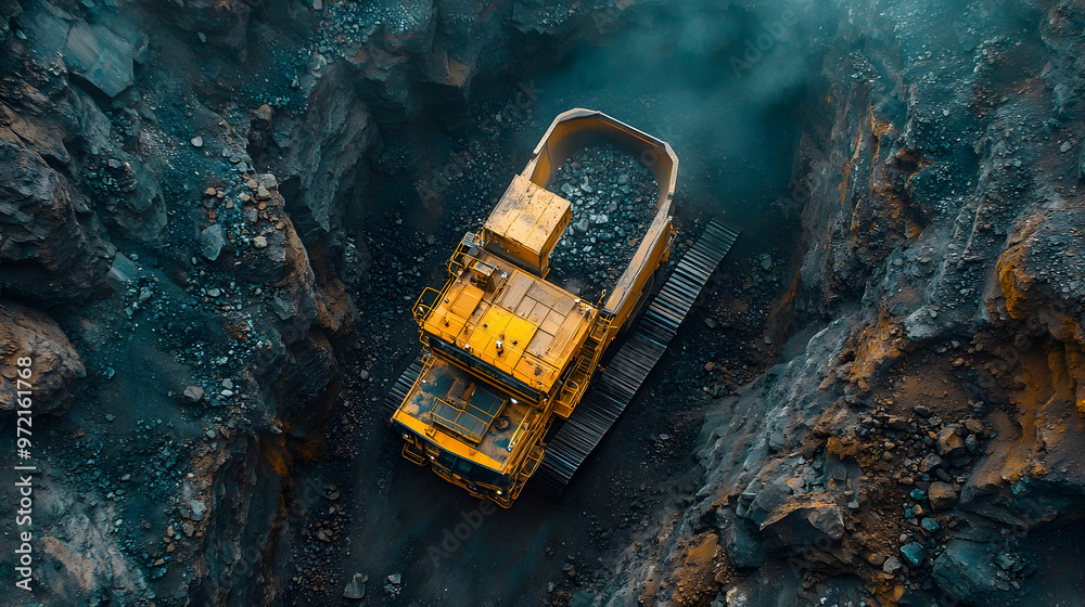 Aerial view of a yellow mining truck hauling coal in a deep quarry. Aerial view of a yellow mining truck hauling coal in a deep quarry.