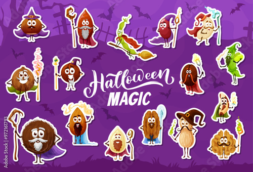Cartoon Halloween nut characters, witch or wizards for horror night holiday, vector icons. Halloween stickers of funny almond magician, peanut and hazelnut sorcerer with magic wand or flying on broom