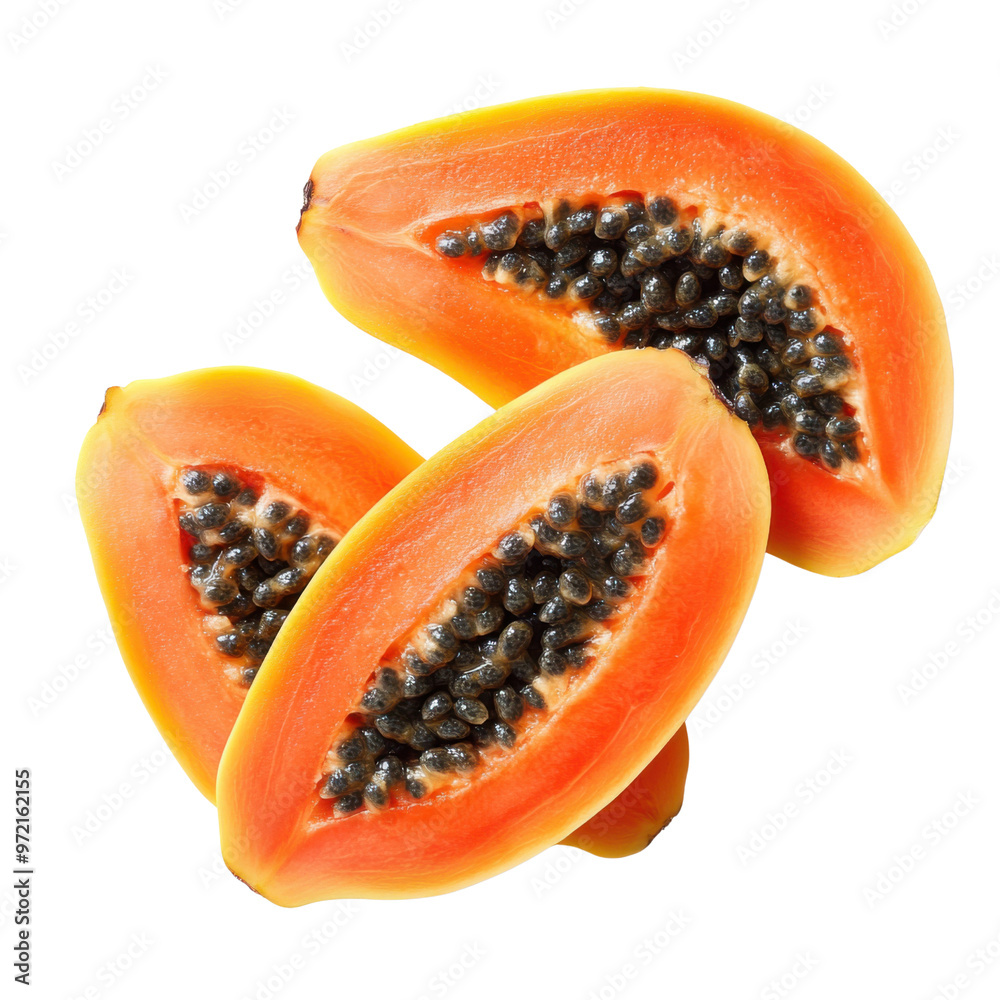 Slices of ripe papaya with seeds arranged on a white background, showcasing vibrant tropical colors Slices of ripe papaya with seeds arranged on a white background, showcasing vibrant tropical colors