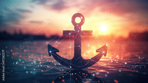 A digital anchor stands prominently against vibrant sunset, symbolizing stability and connection. intricate lines and glowing nodes create sense of modernity and depth photo