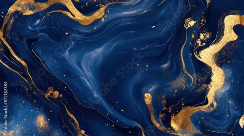 Fototapeta Naklejka Na Ścianę i Meble -  A swirling abstract design featuring deep blue and gold tones, ideal for backgrounds or decor.