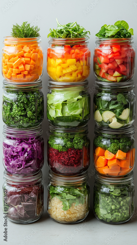 Colorful Array of Fresh Vegetables in Glass Jars. A vibrant and healthy assortment diced carrots, bell peppers, leafy greens, and more. Meal prep, nutrition, and sustainable eating. Colorful Array of Fresh Vegetables in Glass Jars. A vibrant and healthy assortment diced carrots, bell peppers, leafy greens, and more. Meal prep, nutrition, and sustainable eating.