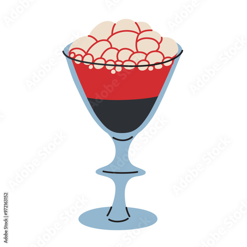 Red cocktail drink for halloween party, vector illustration of bubbling witch brew in fancy drinking glass, spooky margarita or martini for gothic celebrations, autumn bar menu,colored clipart