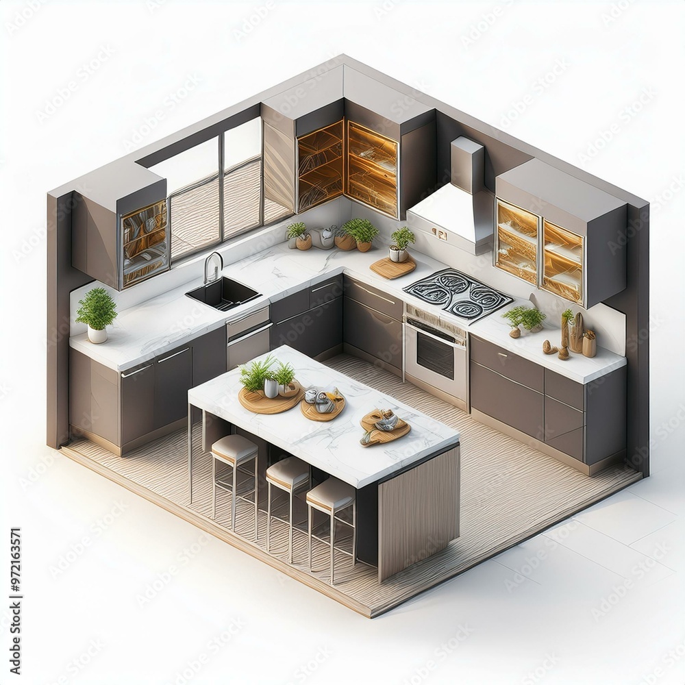 Detailed 3D Floor Plan of a Contemporary Kitchen with Island and Stainless Steel Appliances, Top-Down View on White Background Detailed 3D Floor Plan of a Contemporary Kitchen with Island and Stainless Steel Appliances, Top-Down View on White Background
