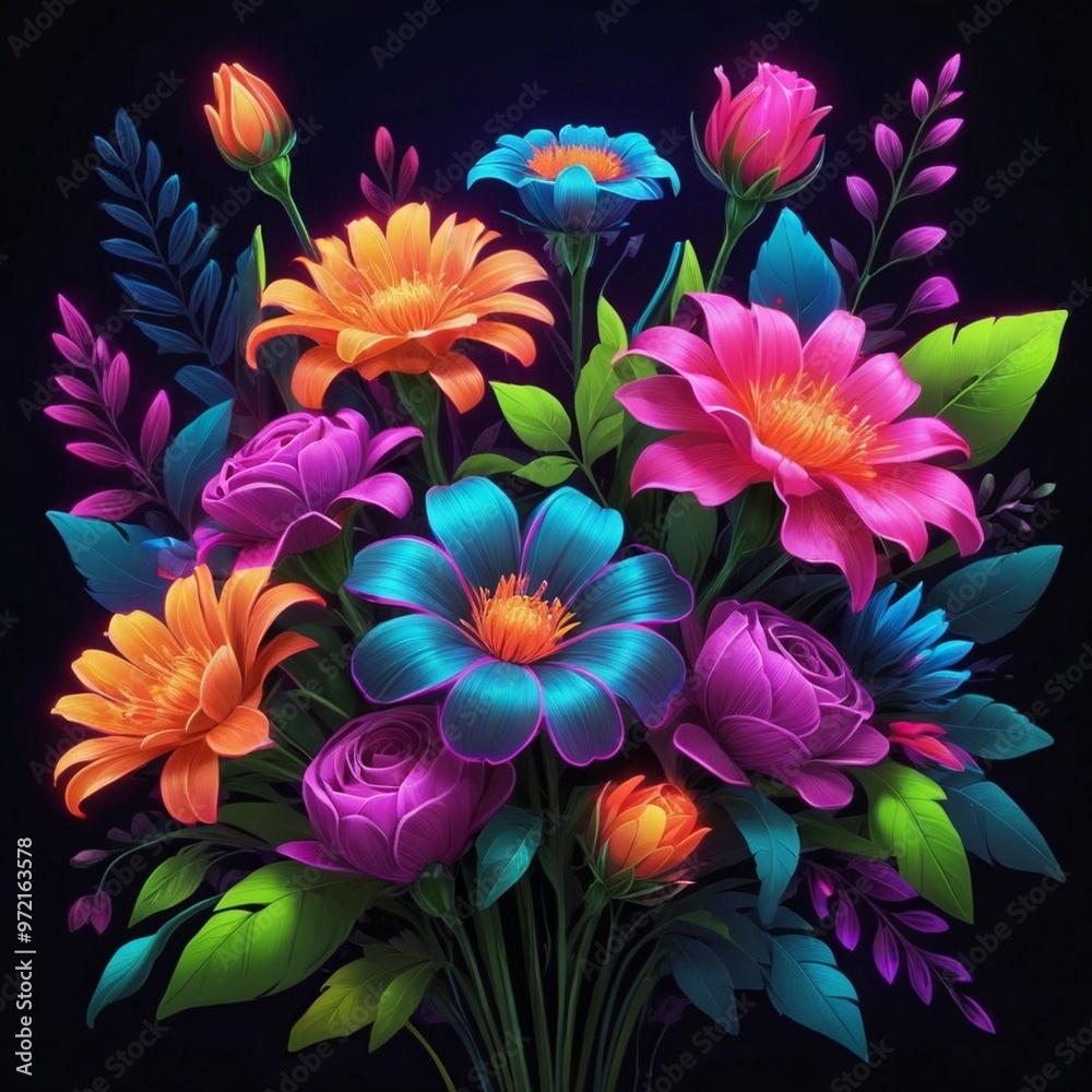 Obraz premium Fresh Seasonal Neon lighting Flowers in a Vintage Floral bucket