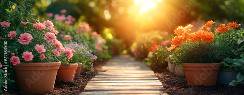 “Gardening Background with Flower Pots, Garden Tools, and Fresh Soil” 