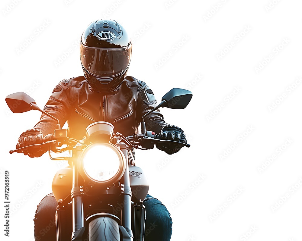 Rider on a motorcycle with a helmet, not using a phone, showing safe riding habits. Isolated background with a blank area on the right for text