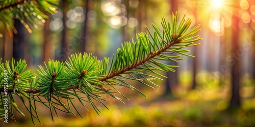 * Rustic pine branch bears a lush load of evergreen needles against a soft focus woodland backdrop, nature's photo